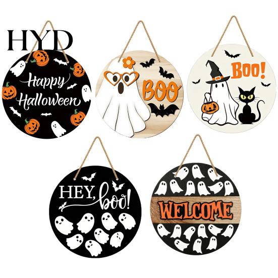 Decorative Halloween Plaque Hanging Door Sign, Wooden Front Hanger Wreath, Cute Party Sign Ghost Welcome for Porch Wall Indoor Home Decoration Spooky
