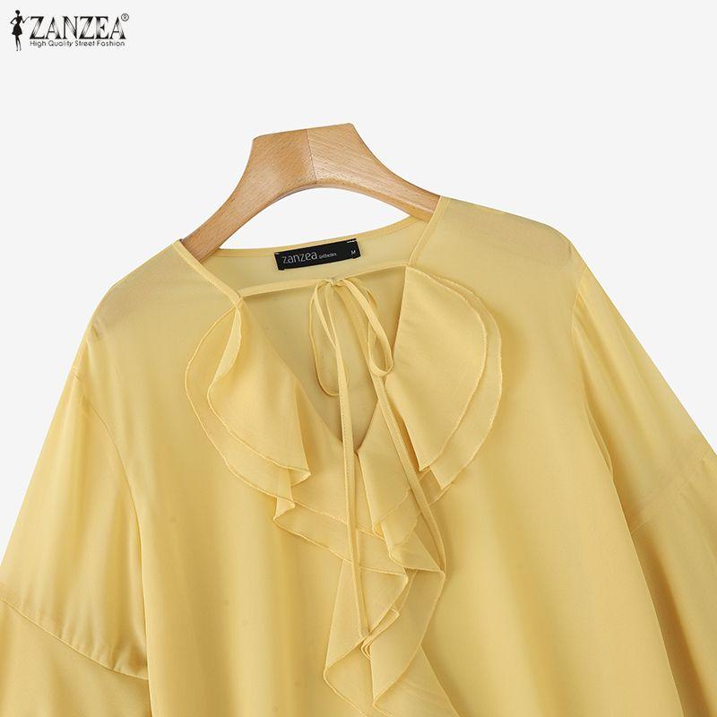 ZANZEA Blusa Elegante da Donna Casual con Scollo a V, Strati, Maniche a Svasatura, Semitrasparente, Larga