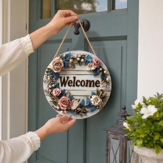 Spring Flower Wreath Welcome Sign, Independence Day Patriotic Hanging Plaque, Round Wooden Door Hanger Decoration for Indoor Outdoor