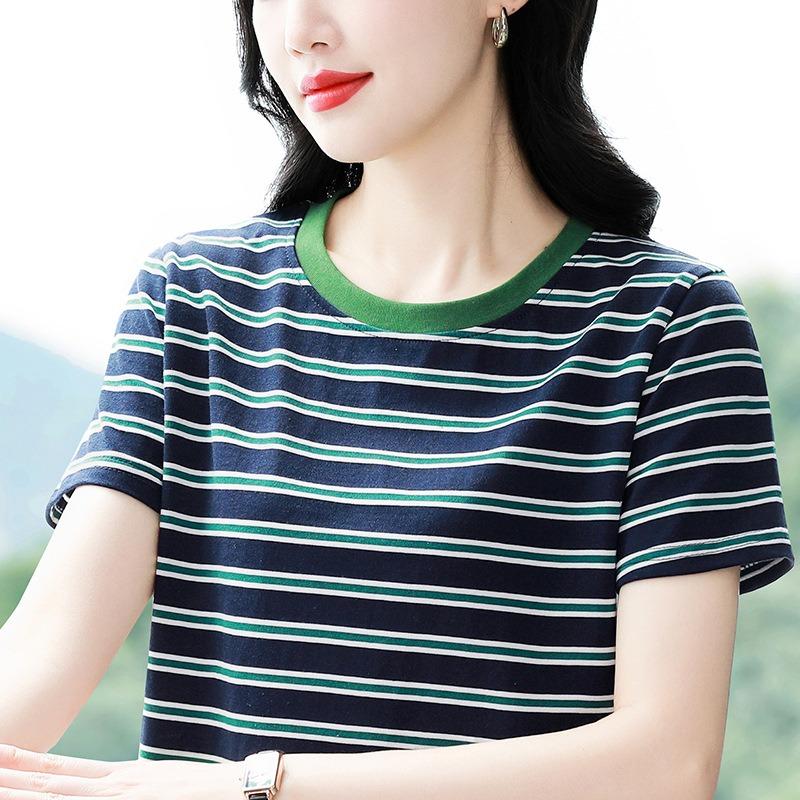 Striped Short-sleeved T-shirt Women's Round Neck Half-sleeved Shirt Summer Plus Size Loose Top