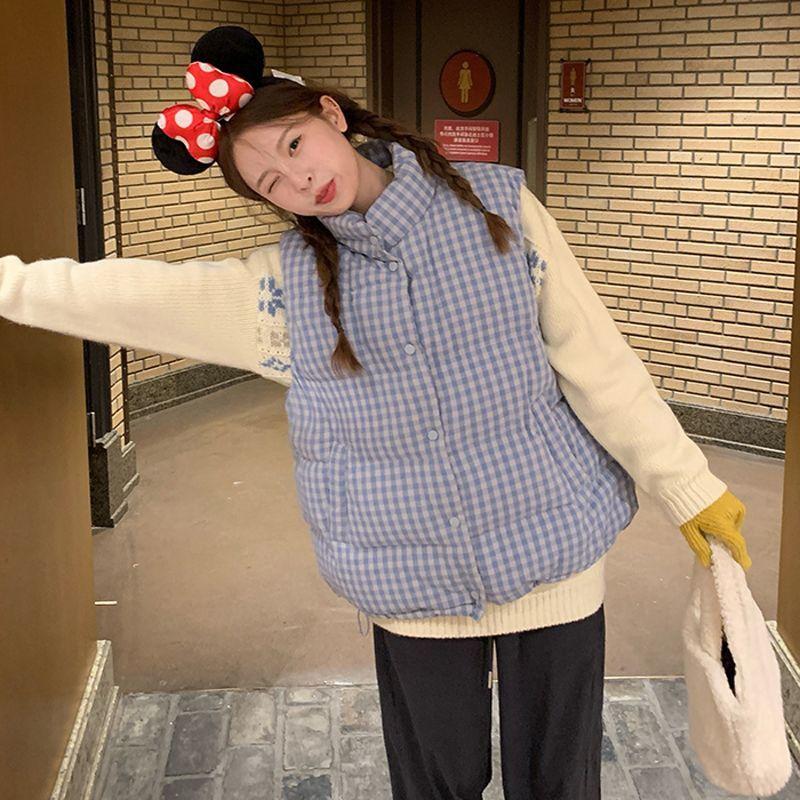 Blue Plaid Cotton Coat New Style Vest for Women Autumn and Winter Loose Casual Warm Waistcoat Sleeveless Thickened Coat