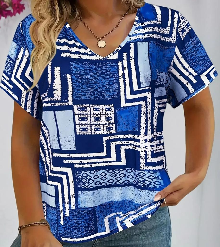 S-8XL Plus Size T-shirt for Women's Summer Leisure Simple V-neck Plaid Short Sleeve Top Loose Casual Ladies T-shirt Pullover