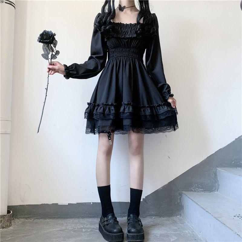 French Princess Puff Skirt Pure Desire Dull Black Square Collar Dress Long Sleeve Autumn Tied Waist-Fitted Slimming Lolita