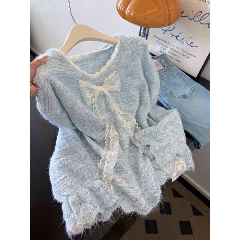 

Light blue lace bow-tie sweater women s autumn and winter new unique, chic and beautiful knitted sweater L