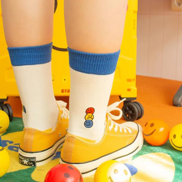 3-Color Smile Embroidered Socks - White and Yellow