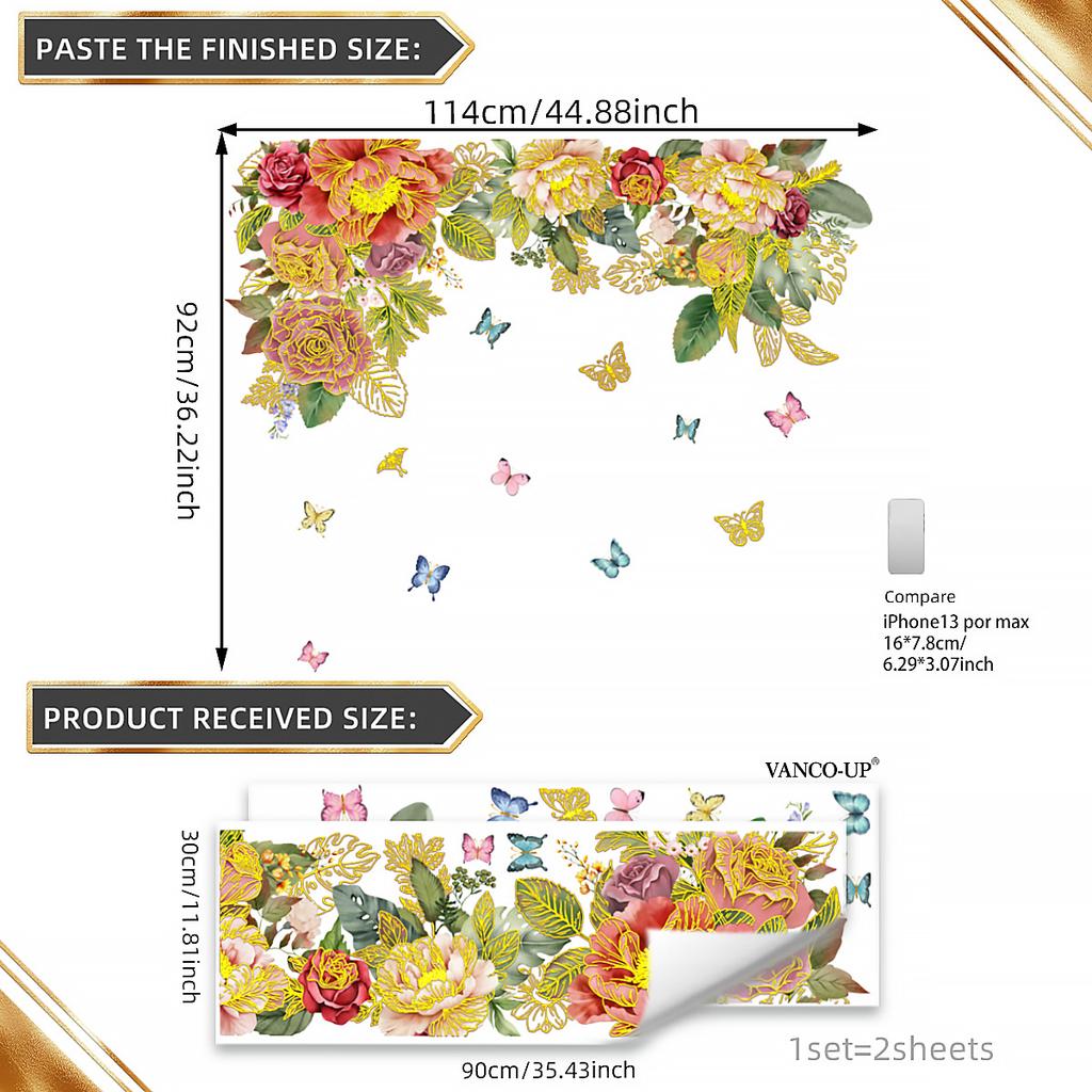 Hand-Painted Flowers, Green Leaves, Butterflies, Bronzing Wall Stickers Decorate Children'S Room, Bedroom Background Self-Adhesive Wall Stickers
