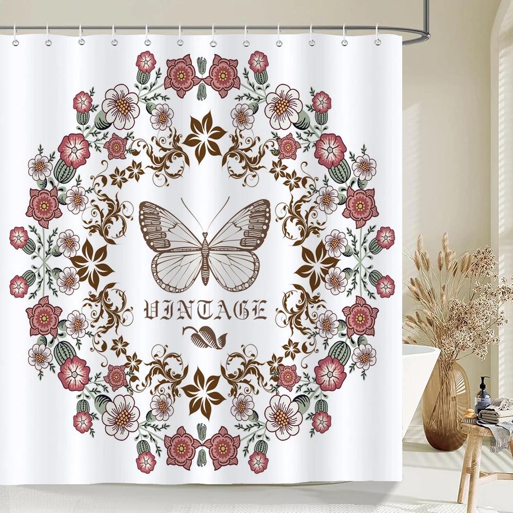 Beautiful Butterfly Shower Curtains Waterproof Fabric Colored Flowers Bath Curtain Bathroom Bathtub Decoration with Hooks