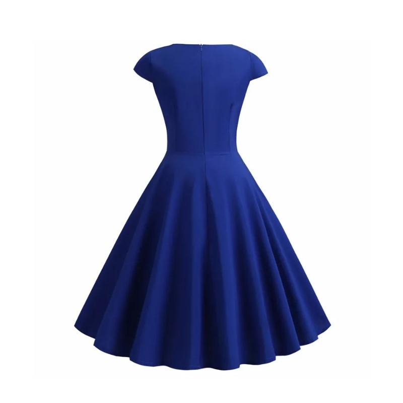 Women Summer Dress Solid Color Vintage Casual Party Robe Rockabilly Dresses Vestidos