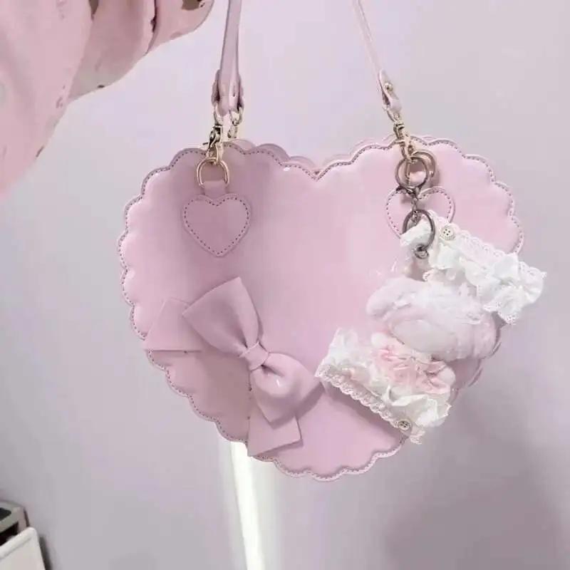 Sacs à main Lolita Cœur en PU Filles Nœuds Décoration Sacs à bandoulière japonais Deux tailles Portefeuilles Coquille Kawaii Sac bandoulière Rose Mignon Cadeaux