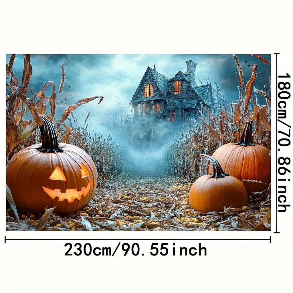 1 Halloween Haunted House Background Cloth - Ghost Pumpkin Cornfield Mist Landscape and Neon Sky Design