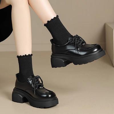 New Classic Black Platform Oxford Shoes Women Loafers Summer Autumn Casual Lace Up Flats Ladies Punk Gothic Leather Chunky Shoes