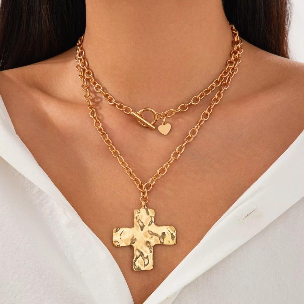 New Gothic Cross Pendant Necklace Gold Multi-layer Cross Earrings Chunky OT Buckle Pendants Trendy Fashion