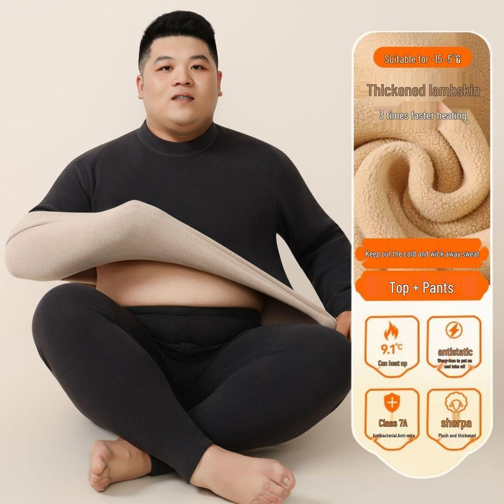 Unisex Plus Size Thermal Underwear Set with Thickened Velvet and Lambskin, Round Neck, for Autumn and Winter