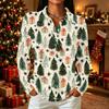 Women's Casual Christmas Print Long Sleeve Button Front Top with Lapel Collar and Side Slits