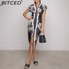 Women's Printed Split-Hem Sexy Low-Cut V-Neck Bodycon Dress