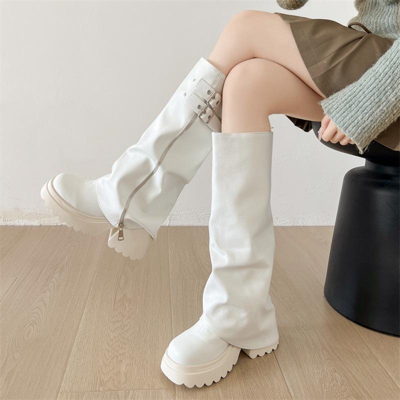 Svarta retro platåstövlar med tjock klack dam 2025 nya höst brittisk stil smala men knähöga byxstövlar