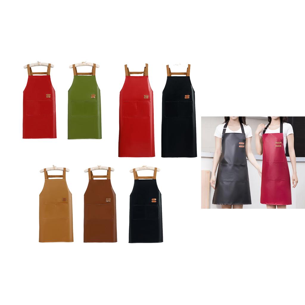 Adjustable PU Leather Apron with Pocket Waterproof Pinafore Oil Resistant Apron for Home Cooking and Kitchen Cleaning