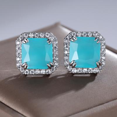 Elegante quadratische Paraiba Zirkon Ohrstecker für Frauen Silber Farbe Braut Hochzeit Edlen Schmuck