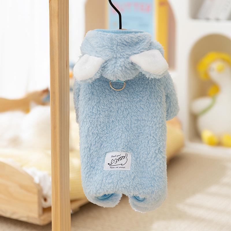 Autumn and Winter Dog Korean Version Cute Three-dimensional Bear Ears Traction Four-legged Fleece Coat Cat Warm Pet Dog Clothes