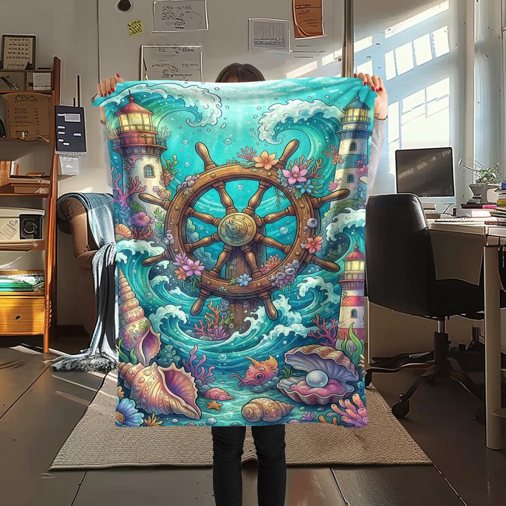 1PC Ships and seashells Print FlAannel Blanket, High quality Comfortable for All Seasons, Home Decor, Warmth and Comfort
