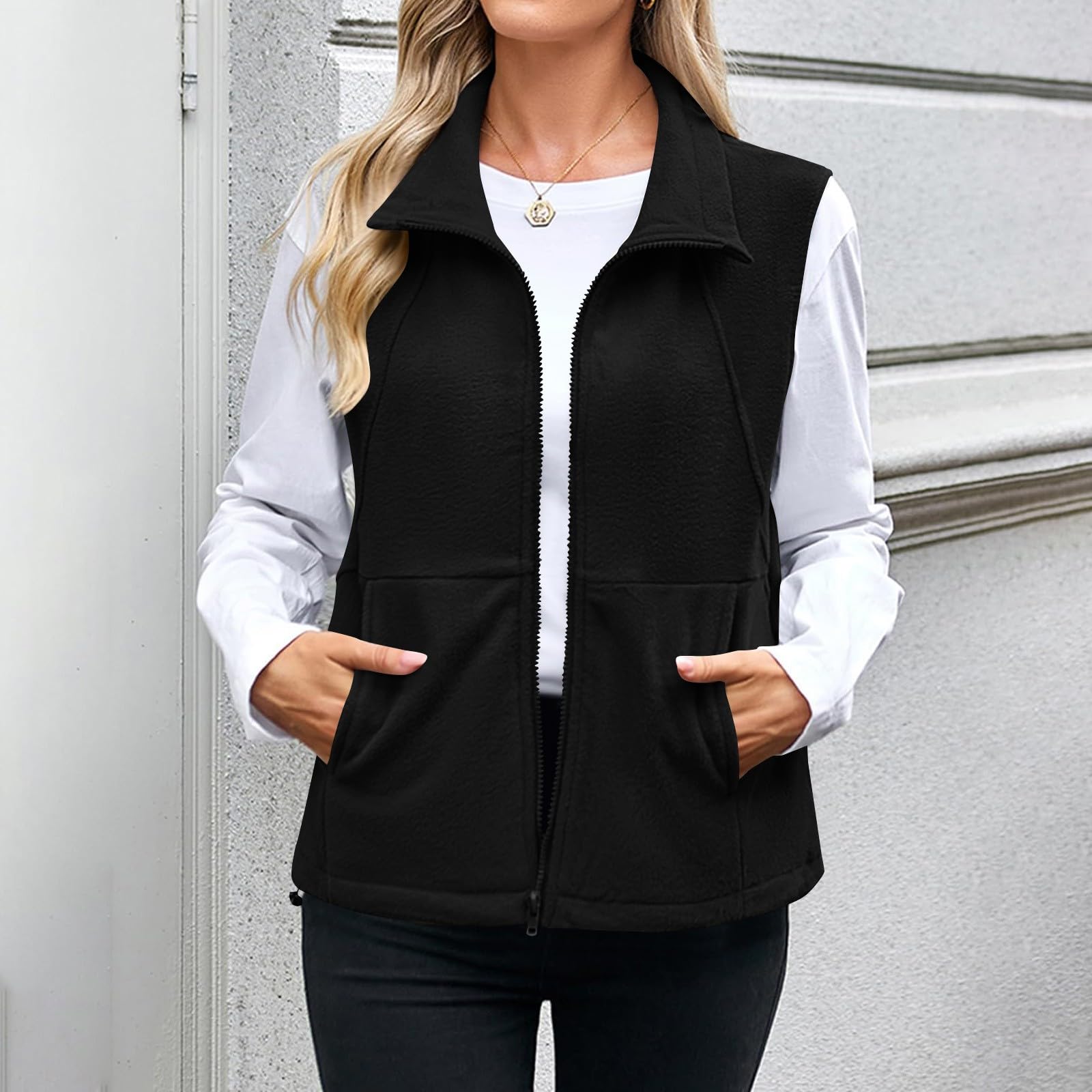 Women s Color Notched Lapel Zipper -Lined Sleeveless Vest with Pockets S