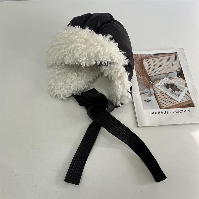 

Винтажная шапка-ушанка из овечьей шерсти, хлопковая шапка-ушанка для велоспорта, женская шапка для защиты ушей, универсальная теплая лыжная шапка-авиатор M（56-58cm） чёрный
