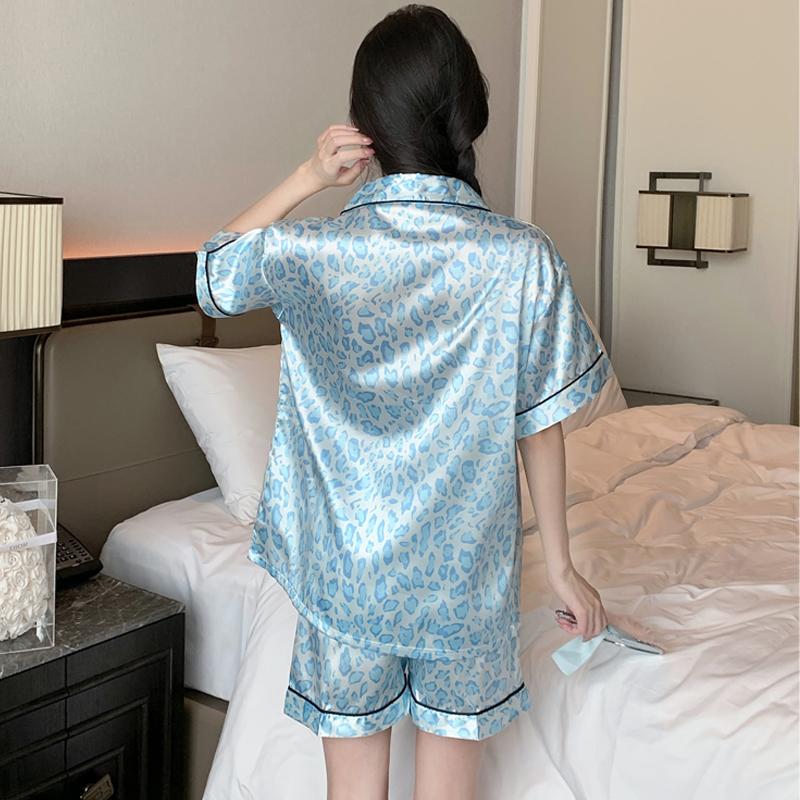 2 Piece Women Set 2025 Summer Short Sleeve Pajamas for Woman Silk Fashion Sleepwear leopard print Sexy Satin Pajama Set homewear