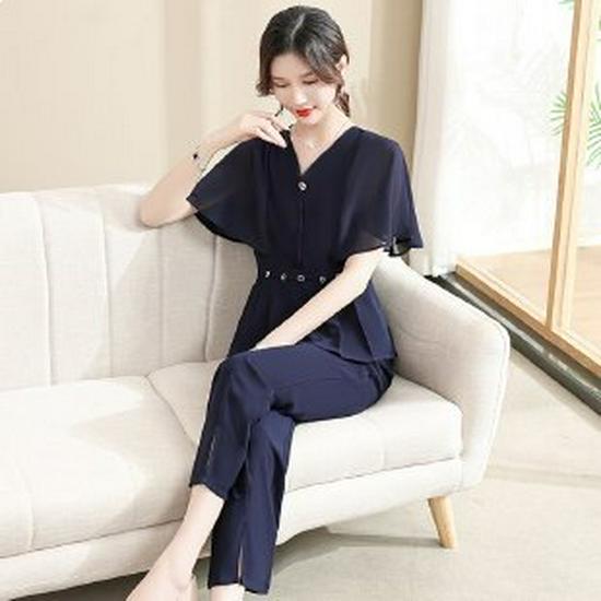 

Elegant Summer Two-Piece Set for Middle-Aged & Elderly Women: Short-Sleeved Top & Casual Wide-Leg Pants in New Chinese Style 2XL