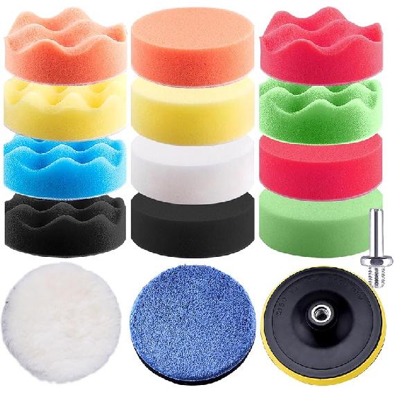 SIQUK 16 Pieces Buffing Pads 3 Inch Car Polishing Pad Kit Foam Polish Pads Wax Buffer Polisher Attachment For Drill