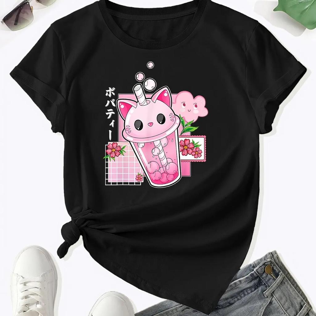 Boba Tea Cat Bubble Print T-Shirt, Kawaii Crew Neck Short Sleeve T-Shirt For Spring & Summer, WoUnisex Clothing Unisex