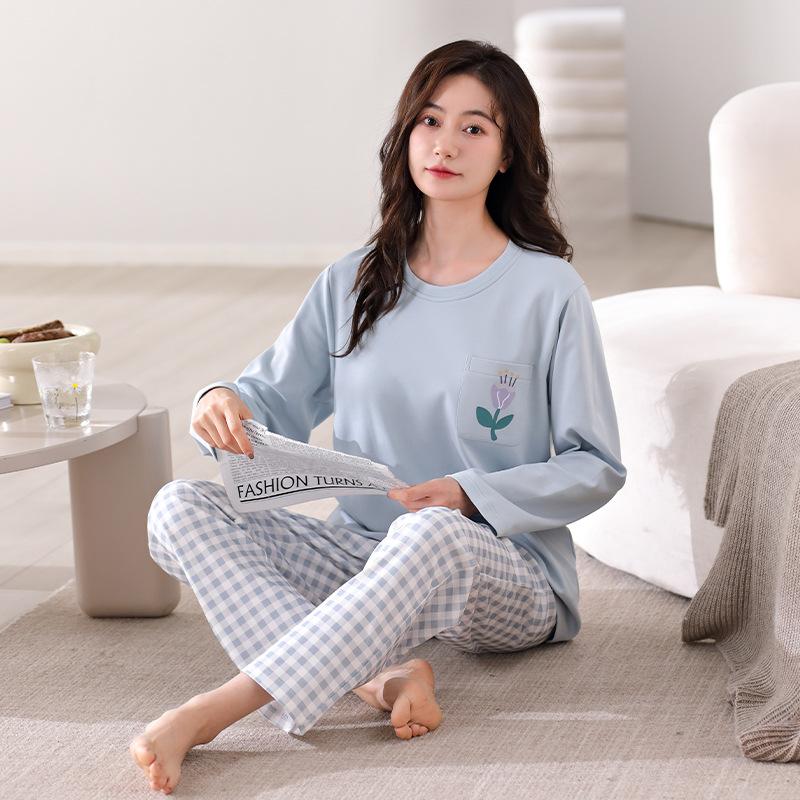 Pajamas Women'S Long-Sleeved Chest Pad Integrated Thin Cotton Loungewear Set