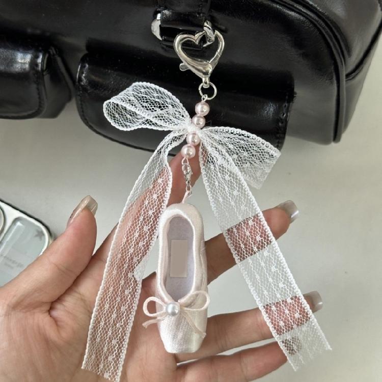 Ballet Shoe Keychain Featuring Lace Bowknot And Pearls Detail For Fashion Forward Individuals And Dance Fan