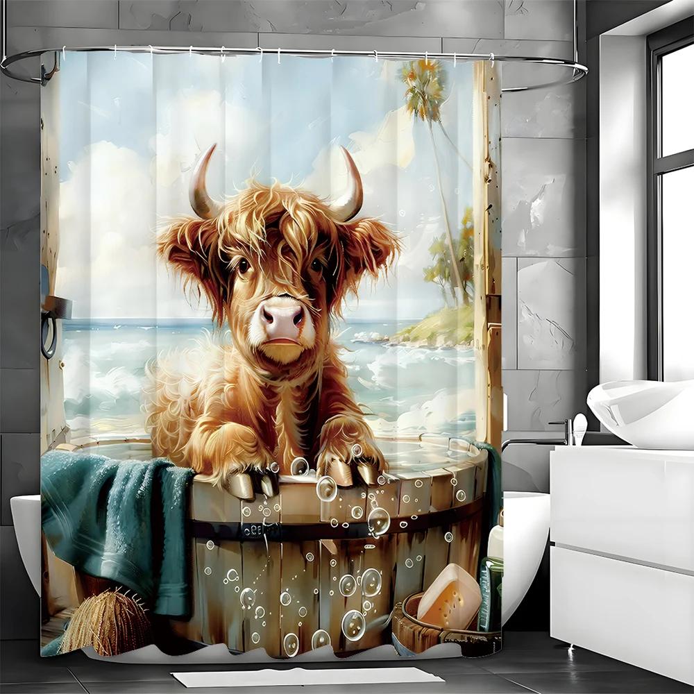 Calf Wooden Basin In Bathtub Blue Towel Ocean Sky Shower Curtain, Bathroom Decorative Shower Curtain, Waterproof Shower Curtain