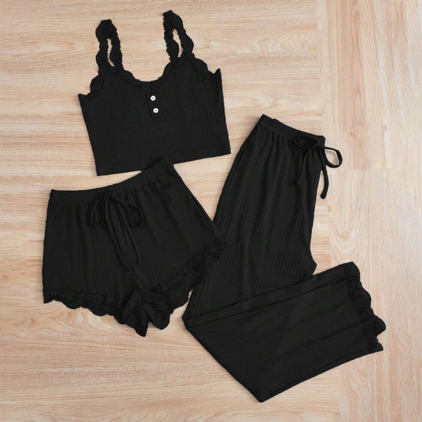 

Женский кружевной комплект из трех предметов: майка, шорты, брюки, пижамный комплект XL чёрный