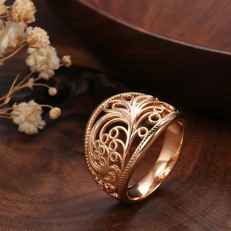 Golden Texture Women's Rings High Glossy Hollow Leaf Rings Vintage Costume Jewelry