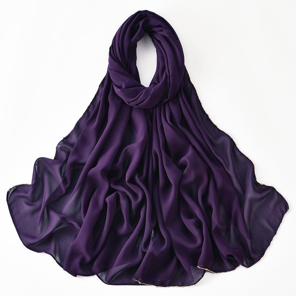 Muslim Chiffon Hijab Women Glitter Chain Edge Premium Chiffon Scarf Solid Color Plain Shawl Unique Edge Design Headscarf Wraps