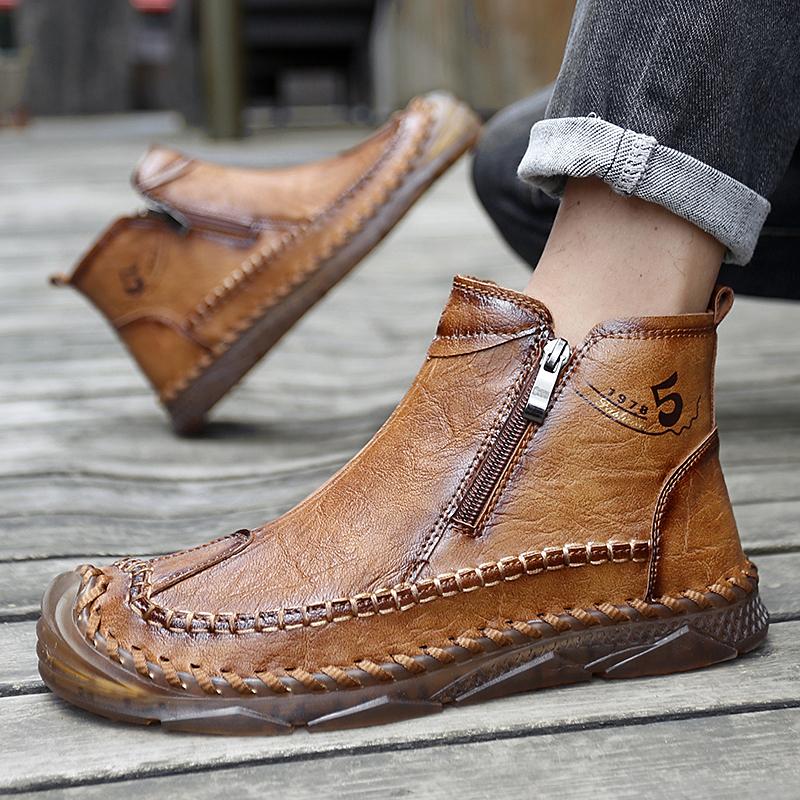 TUINANLE Hand-stitching Leather Men Boots Casual Leather Shoes Men Ankle Boots Zipper Shoes