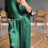 Satin Two Piece Outfits for Women Oversize V-neck Half Sleeve Top And Wide Leg Pants Set Casual Loose Lounge Suit