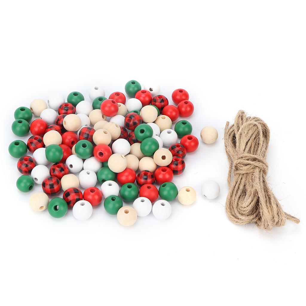 200Pcs DIY Christmas Wooden Beads Set 5 Colors Bead String Decoration Accessories for Beauty Salon with Twine
