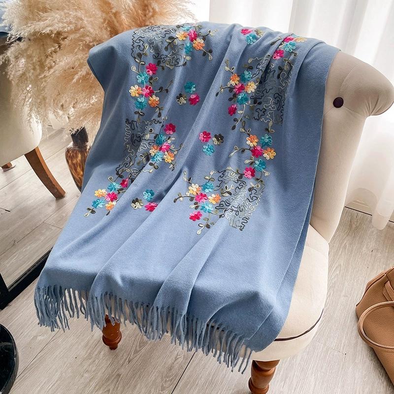 Women Winter Warm Faux Cashmere Scarf Long Winter Embroidered Floral Pattern Cold-Proof Shawls And Wraps