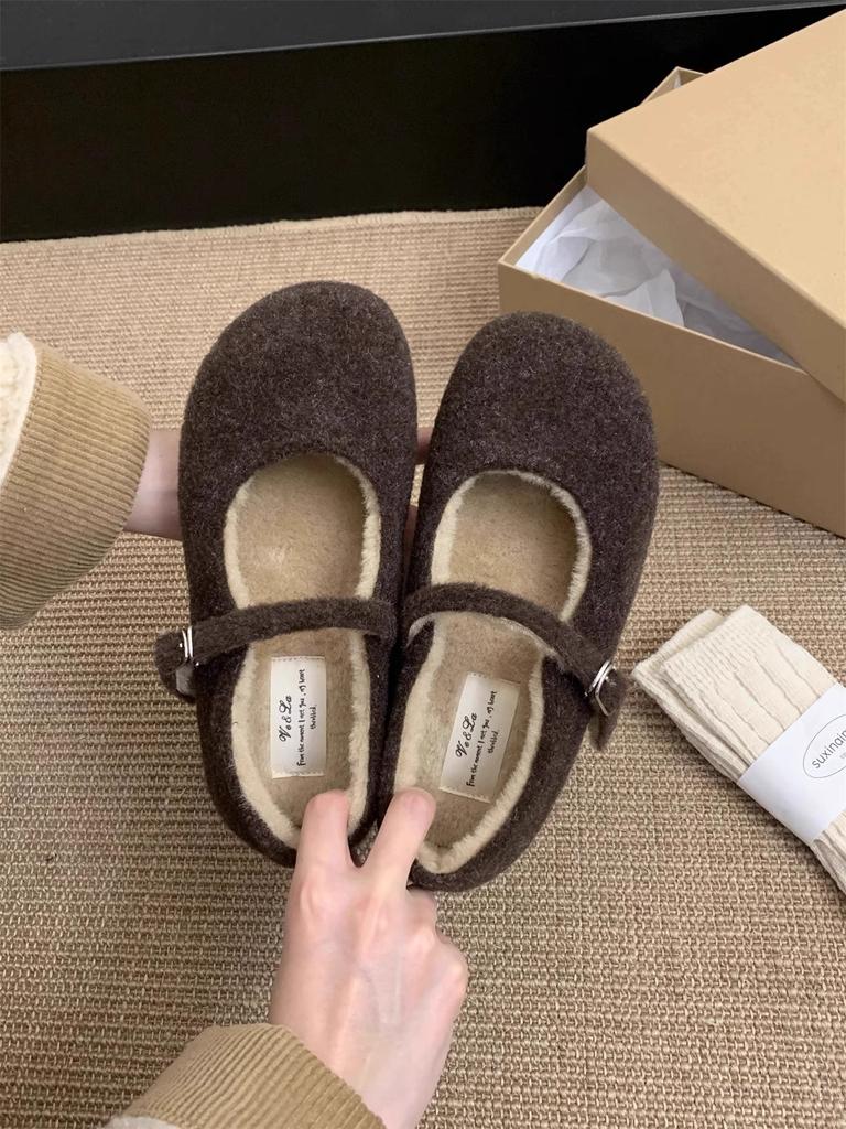 Thick-soled fluffy shoes women's shoes wear 2025 new autumn and winter velvet warm cotton shoes versatile Mary Jane single shoes