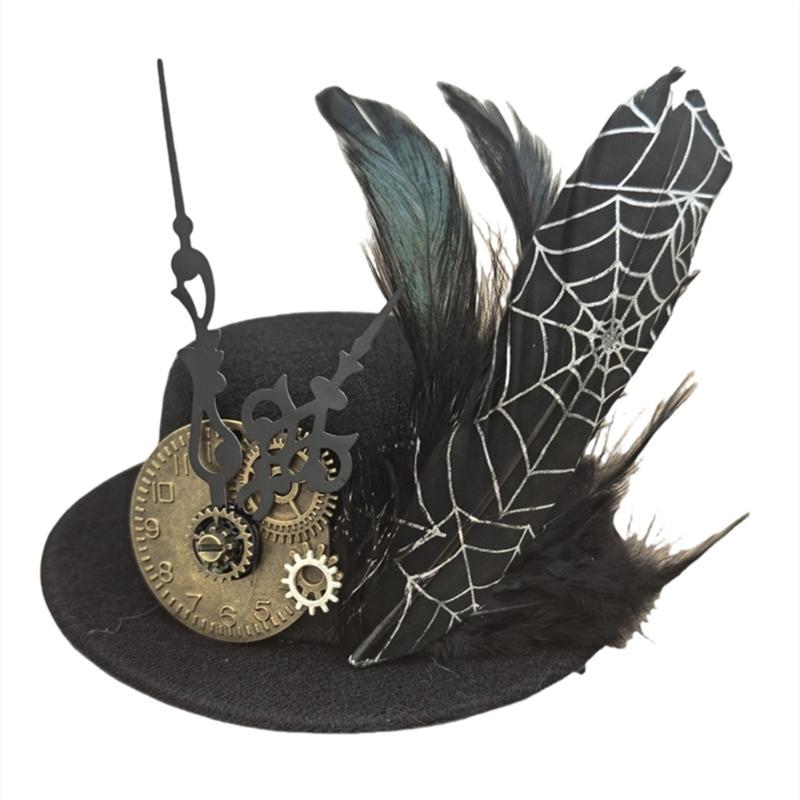 Victorian Steampunk Feather Hair Clip Antique Gears Spiderweb Design Unisex Costume Accessory for Parties Weddings 1