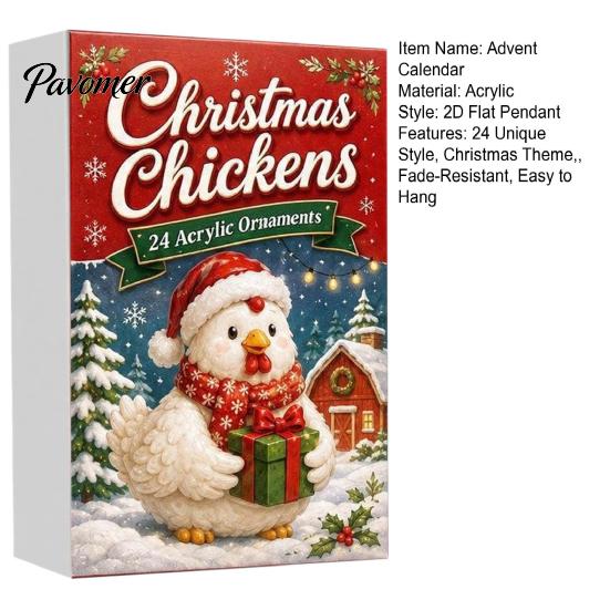 Christmas Tree Hanging Charms Chicken Advent Calendar 2026, 24 Unique 2D Acrylic Reusable Holiday Decor Ornaments, Cute Decorations for Kids,
