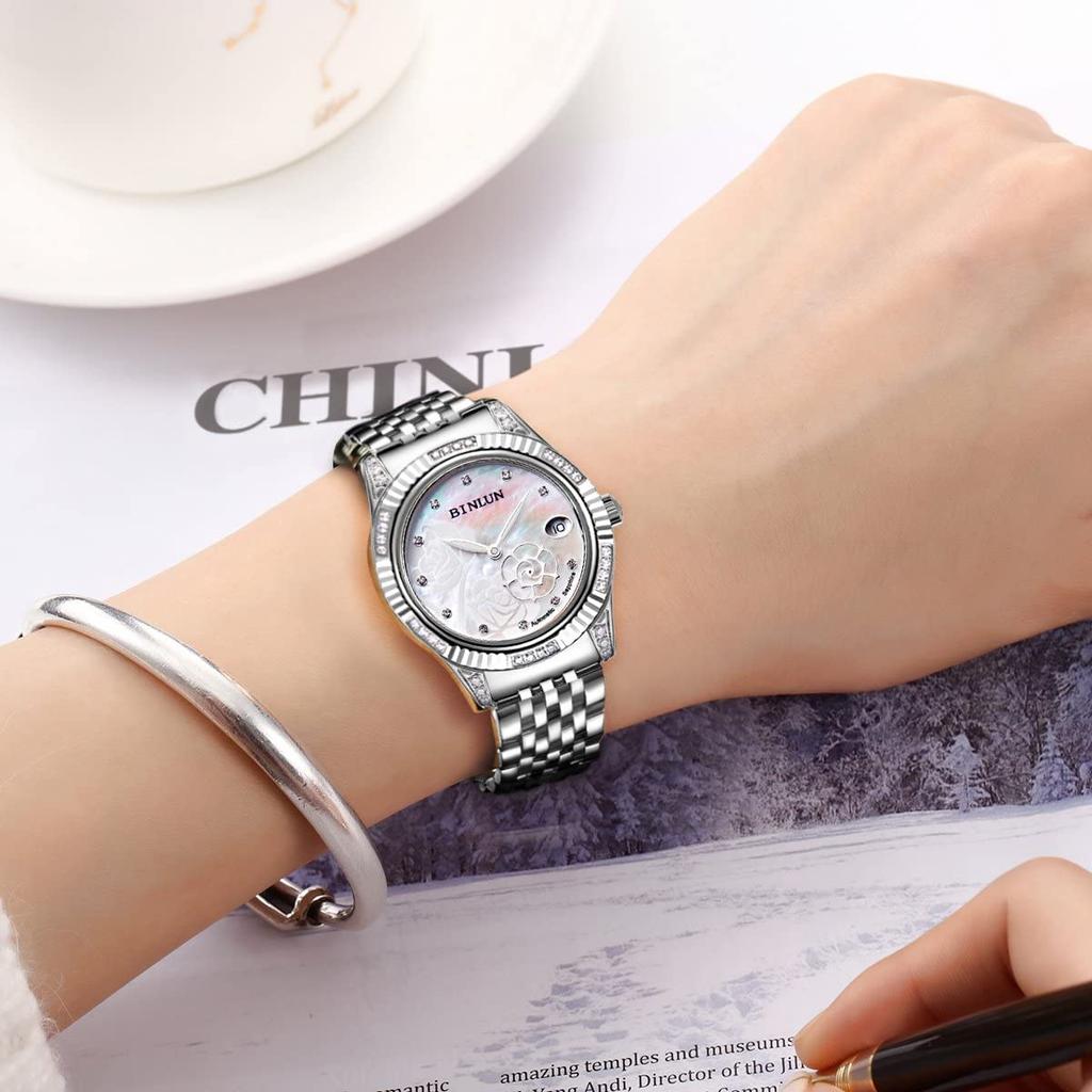 Ladies BINLUN Mechanical Automatic Winding Winding Japanese Movement Rose Pattern Diamond Luminous Date Display Bracelet Stainless Steel Water