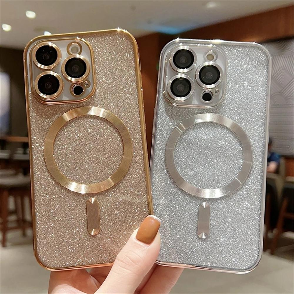 Luxury Electroplate Magsafe Wireless Charge Case for iPhone 15/14/13/12/11 Pro Max Plus – Soft Bumper Glitter Cover