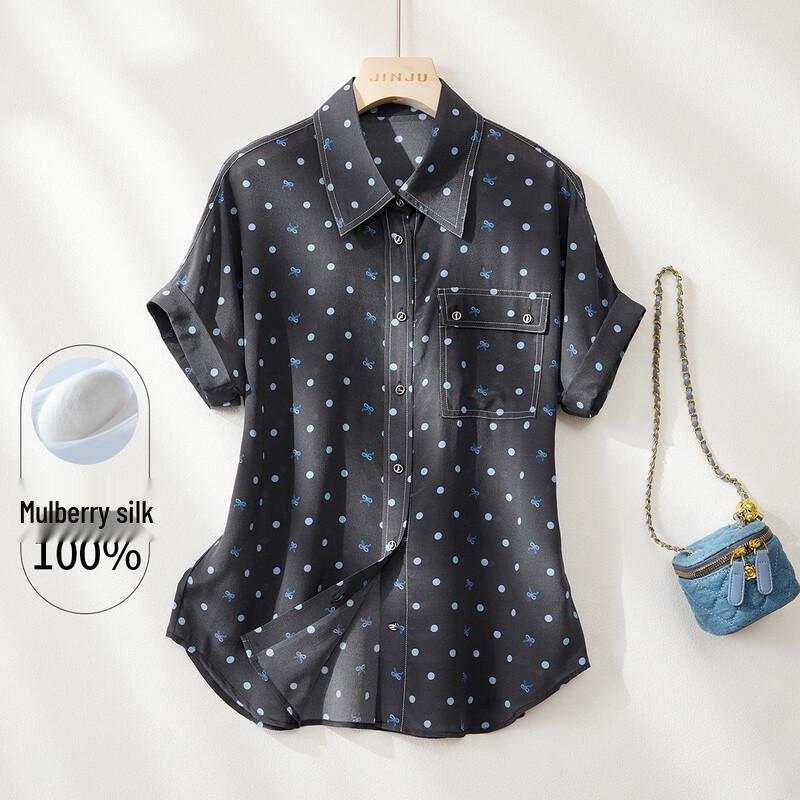 Women s 100% Silk Polka Dot Bow Print Polo Shirt 2XL