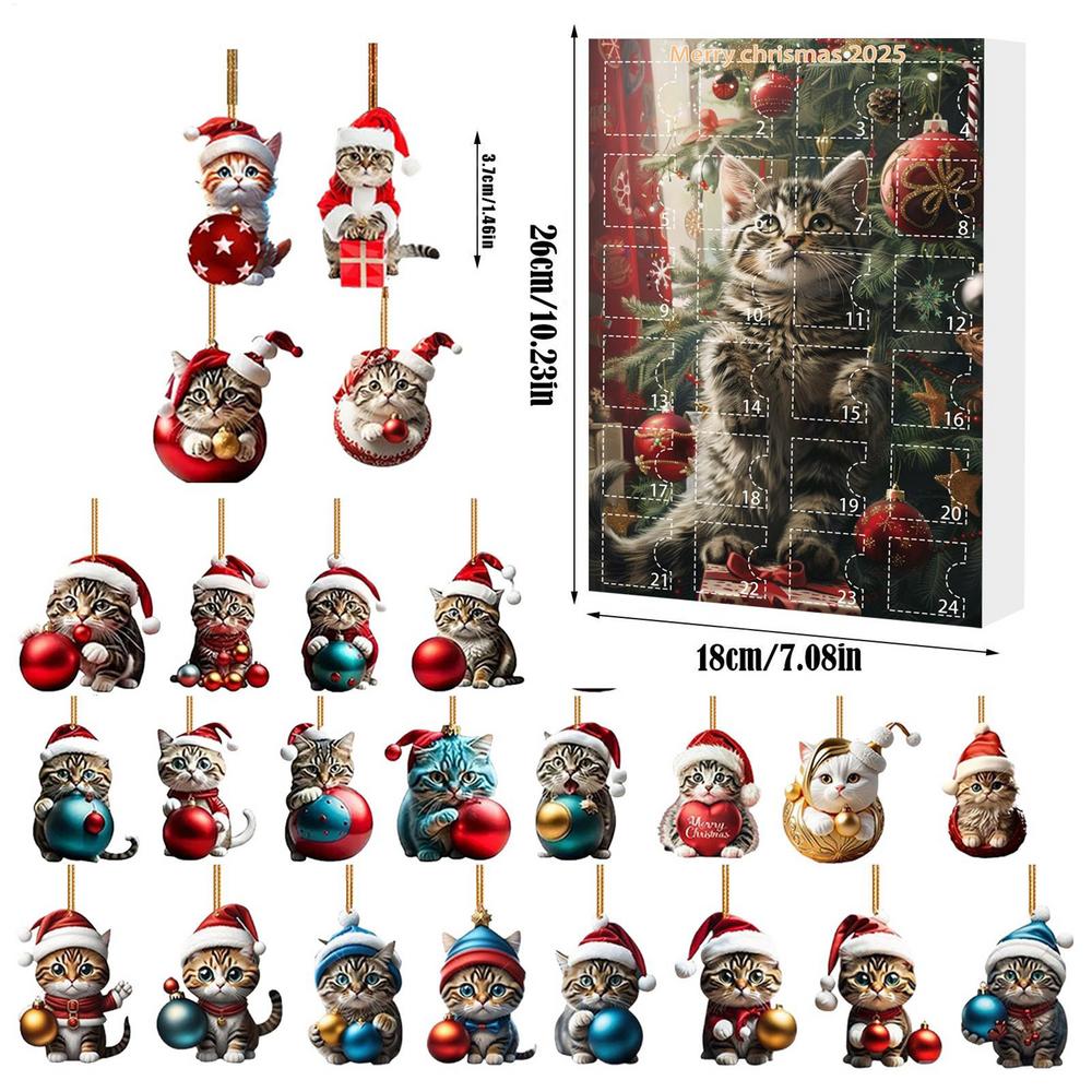 2D Cute Cat Advent Calendar 24 Days Christmas Countdown Calendar Acrylic Hanging Ornament for Xmas Tree Home Car Mirror Decor
