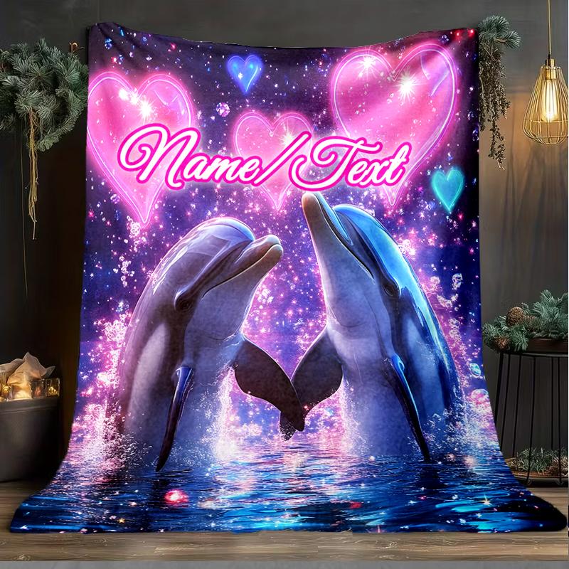 1PC Custom Name Love Between Dolphins Outdooor Flannel Blankets Throw Blanket All-Season Throw Gift Bedspread for Couch, Bed, Camping Holiday Birthda
