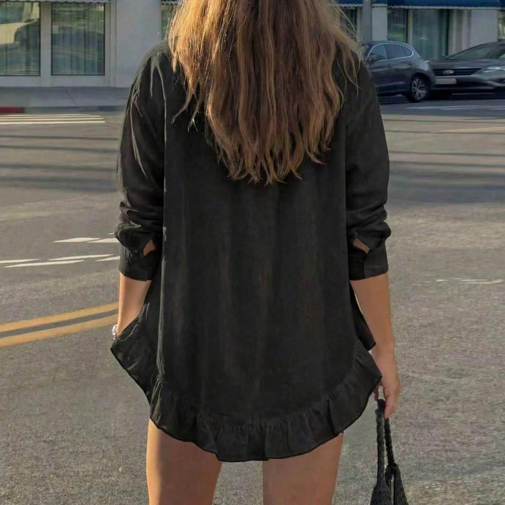 Women's Color Loose Fit Shirt Dress with Ruffle Hem for Casual Daily Wear