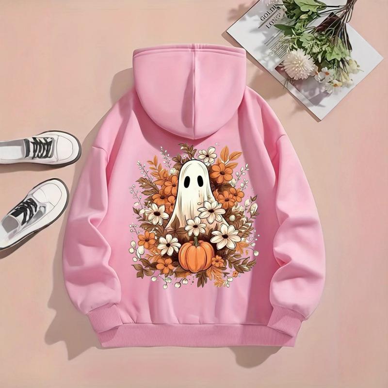 Ladies Spring Autumn Casual Hooded Long Sleeve Big Pocket Halloween Ghost Pumpkin Flower Printed Pullover Hoodies Sweatshirt Top